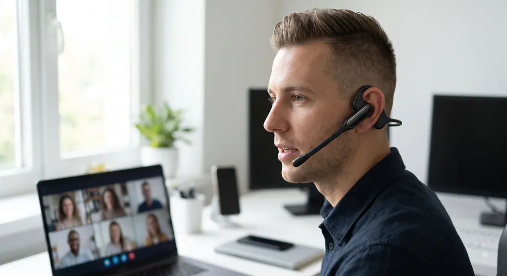 A candid professional photograph of a man in a modern home office speaking into a sleek, matte-black Nuroum OpenEar Pro 2 headset. A boom microphone is extending toward his mouth. He is participating in a dynamic video call visible on a blurred laptop screen.