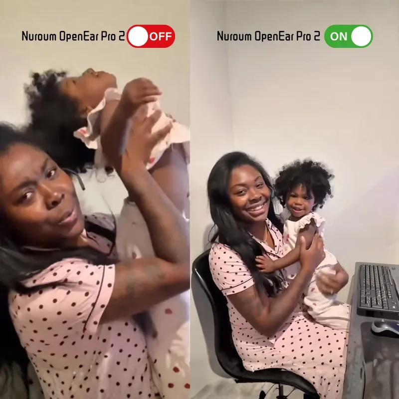 Side-by-side comparison showing Nuroum OpenEar Pro 2 noise reduction feature turned off versus turned on while working with a toddler.