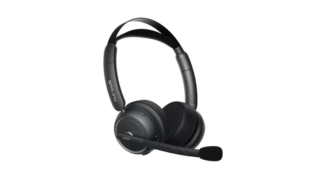 Black Nuroum wireless on-ear business headset with cushioned earcups and flexible boom microphone.