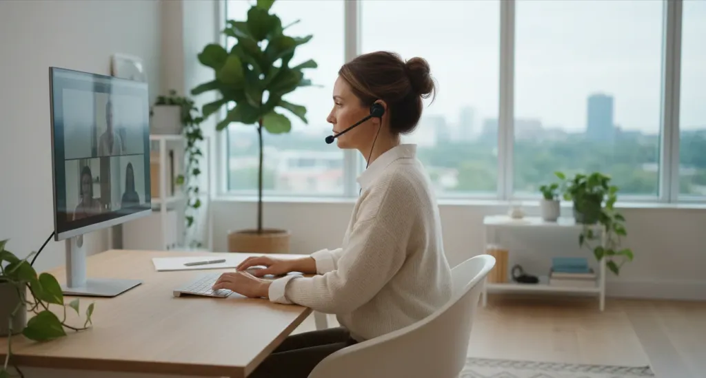 Frau in einem hellen modernen Büro sitzt am Schreibtisch und trägt ein Open-Ear Headset während einer Videokonferenz auf einem großen Monitor