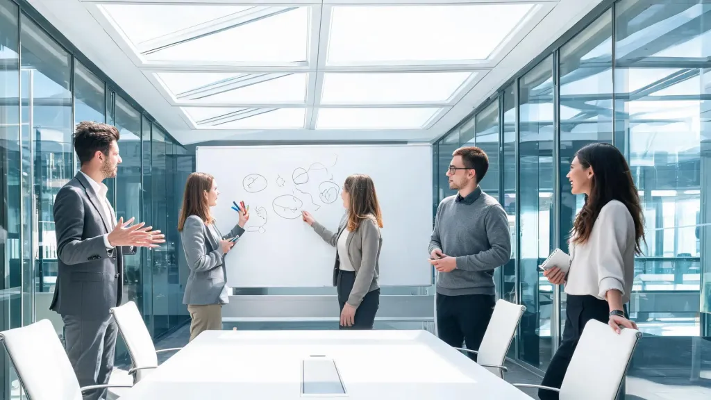 Team of professionals brainstorming around a whiteboard in a modern office with bright natural lighting and candid expressions