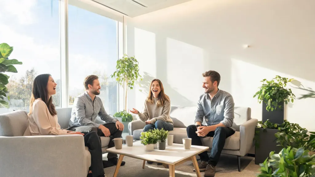 Group of colleagues having casual conversation in a modern office lounge area with plants and comfortable seating under bright natural light