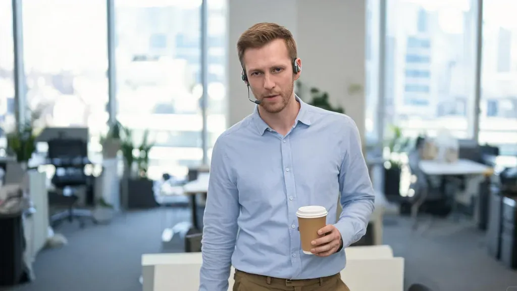 Professional taking a phone call on open-ear headphones while standing in a bright office