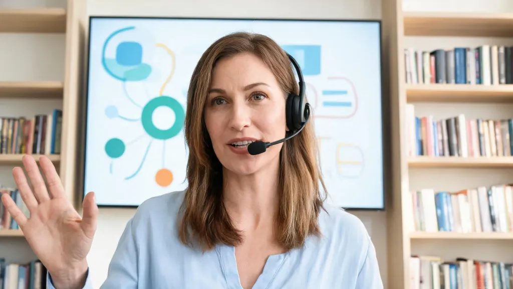 An online educator teaching with a wireless headset in a bright study room