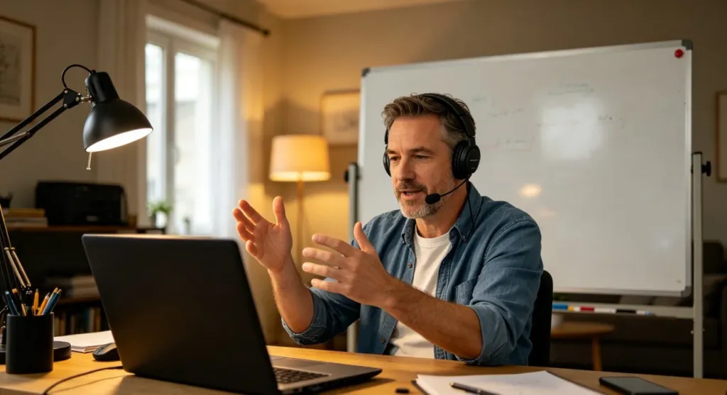 An online educator teaching from a home office, wearing open-ear headphones, gesturing at a whiteboard, professional lighting setup, warm and inviting atmosphere
