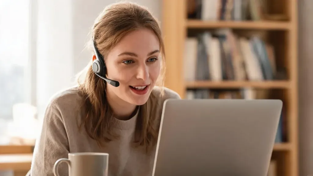 An online teacher wearing an open-ear headset while teaching from a home office, with a notebook and headset visible
