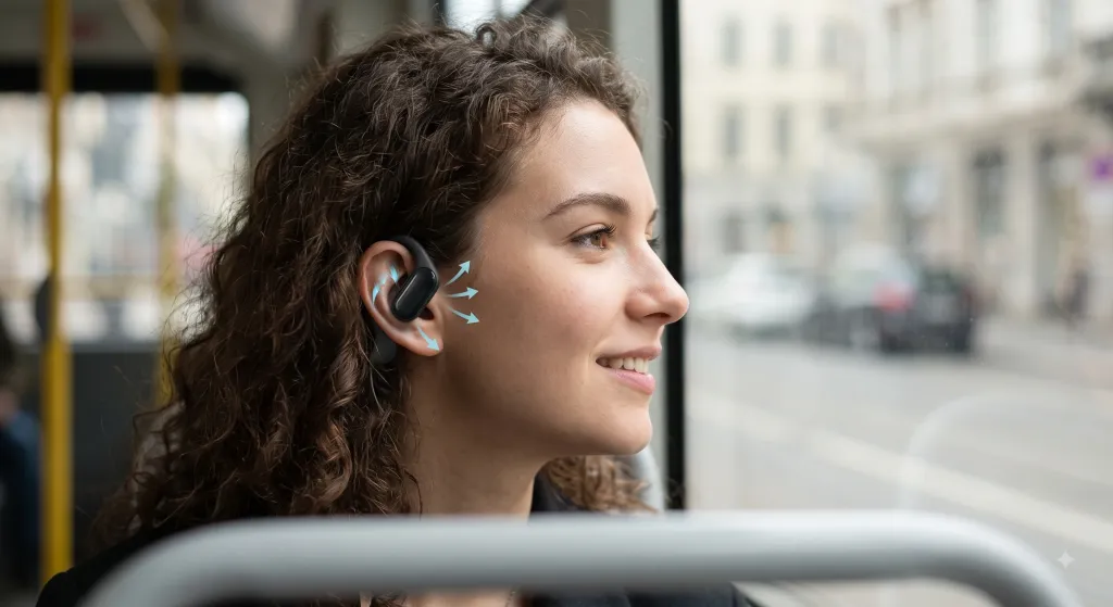 A soft-focus candid photograph of a woman wearing a matte-black open-ear air conduction headphone on a moving tram. Subtle, blue light waves illustrate the pathway of sound traveling from the device into her open ear.
