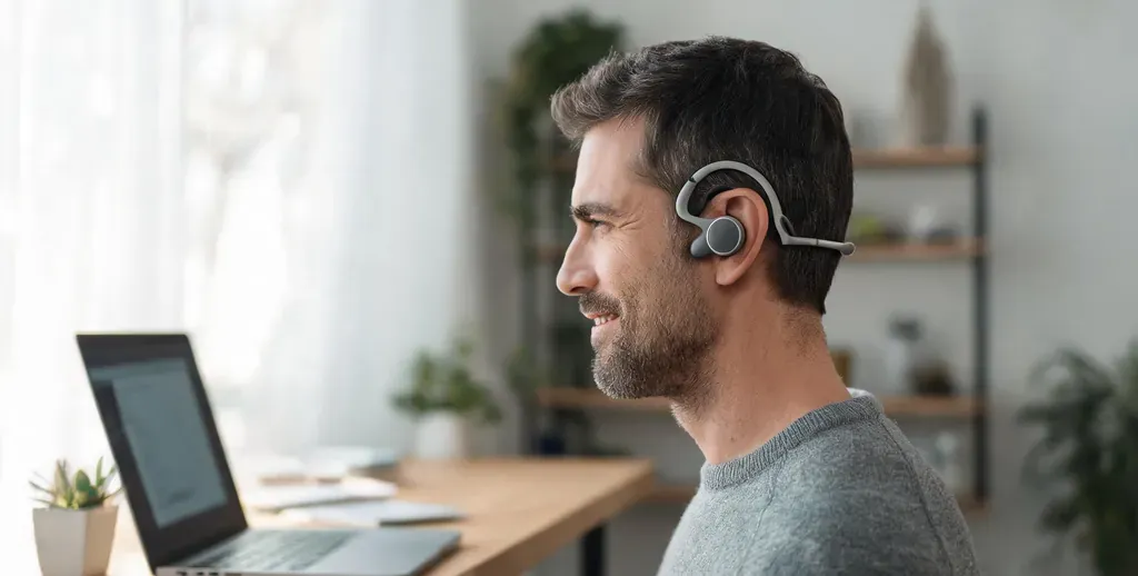 Candid portrait of a man wearing a lightweight open-ear headset while working, natural side profile