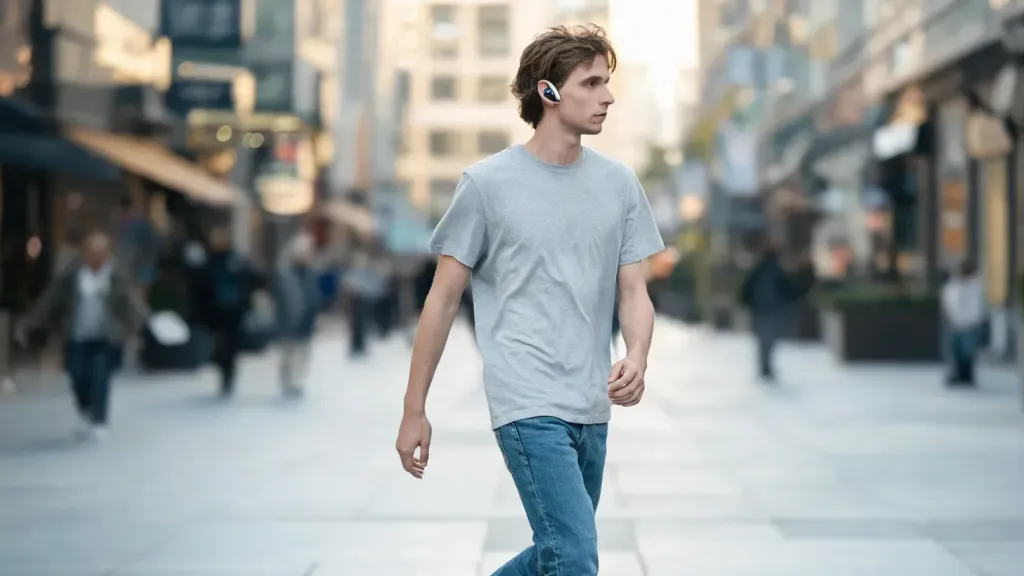 A person walking outside wearing an open-ear headset, staying aware of the street around them