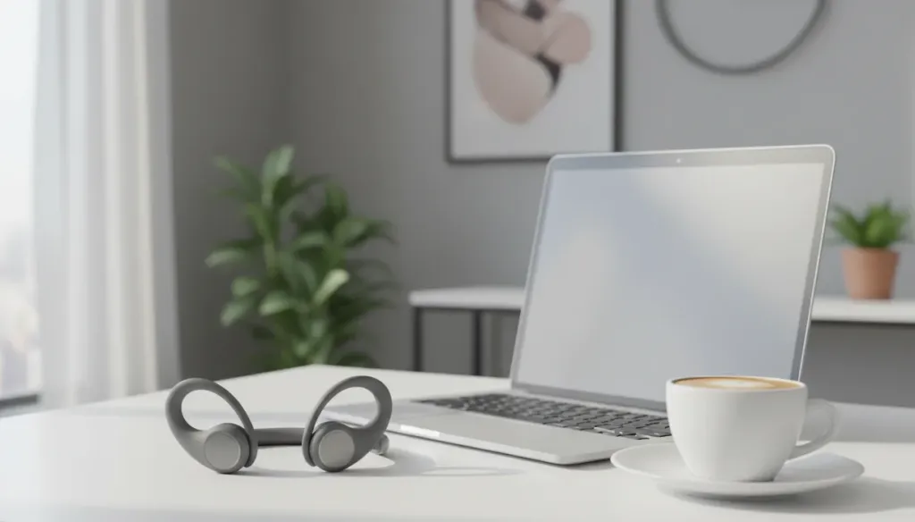 白いデスクの上に置かれたオープンイヤー型イヤホンのクローズアップ。ノートパソコンとコーヒーカップが背景にぼんやりと見える
