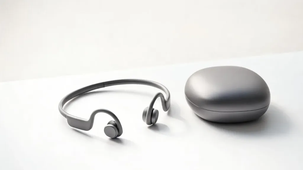 Open-ear headset resting beside its compact carrying case on a bright desk surface