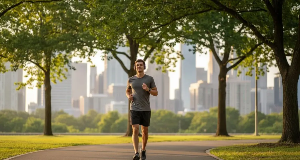 Person jogging in an urban park wearing open-ear headphones with city skyline in the background
