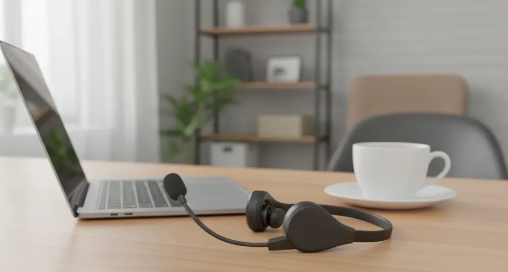 Modernes Open-Ear Headset mit Mikrofonbügel liegt auf einem Holzschreibtisch neben einem Laptop und einer Kaffeetasse in einem hellen Homeoffice