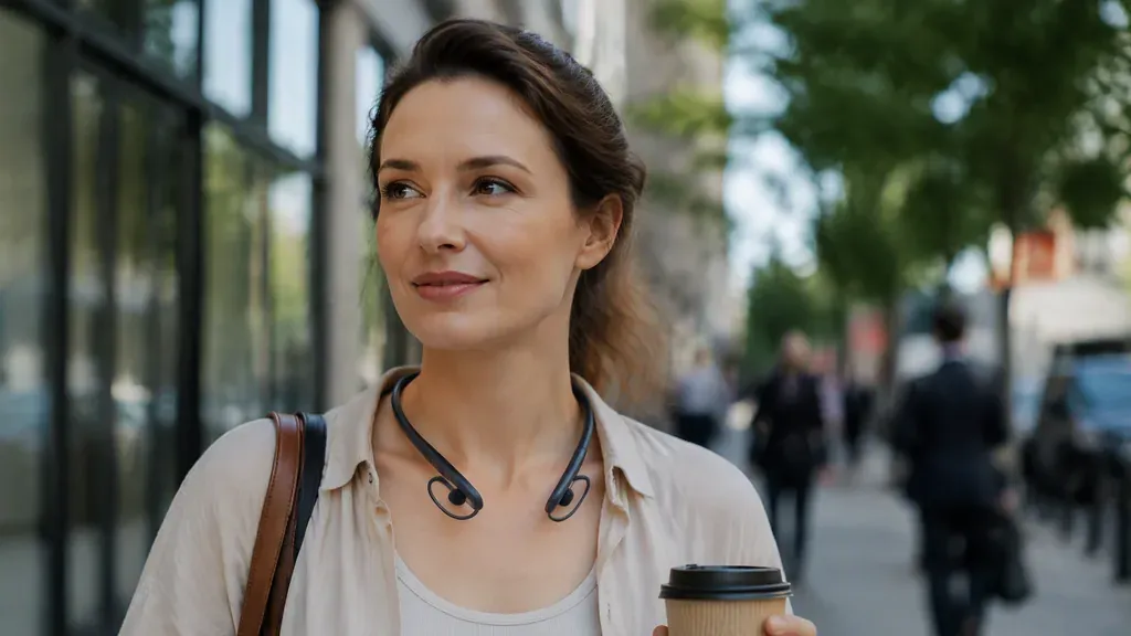 A woman walking on a city street wearing a lightweight open-ear headset