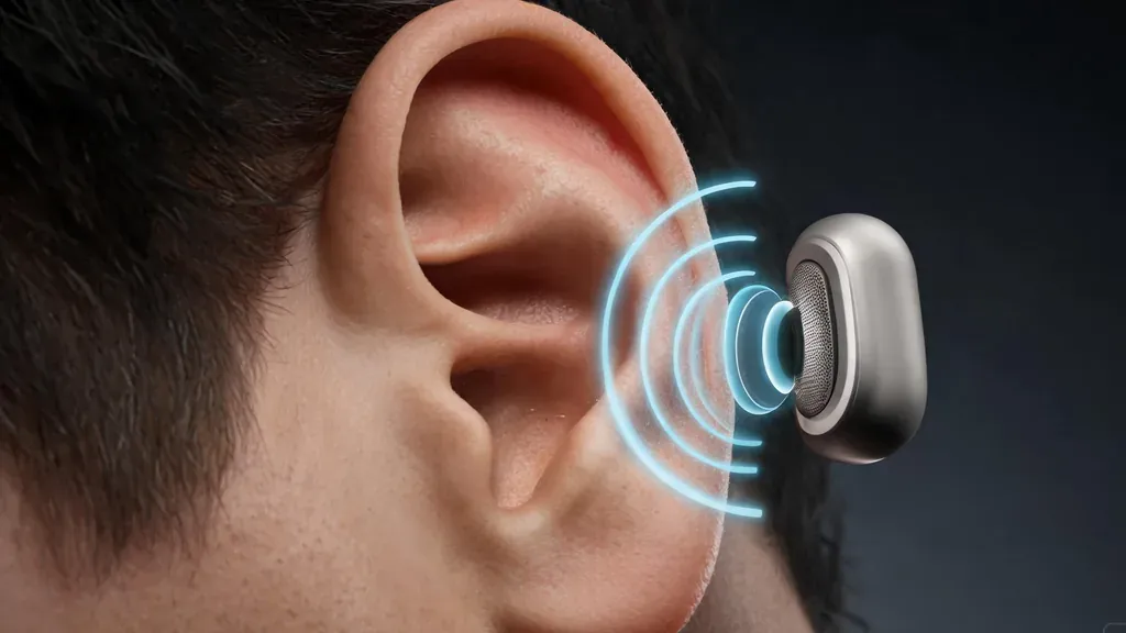 Close-up of an open-ear headphone speaker beaming sound waves toward an unblocked ear opening