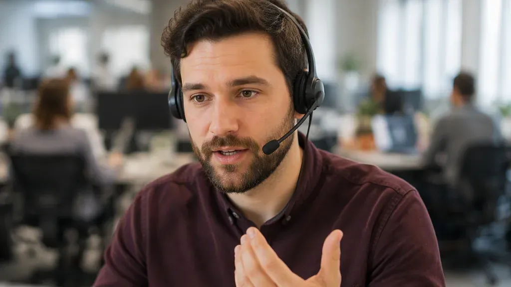 A man wearing a wireless headset on a call in a busy open-plan office