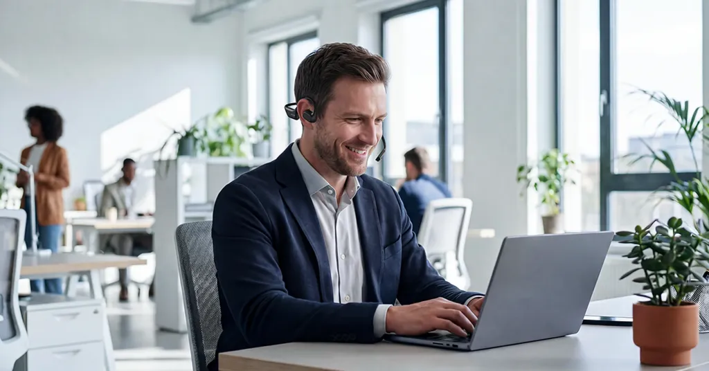 A smiling professional using an ergonomic open-ear business wireless headset during a productive day in a modern open office.