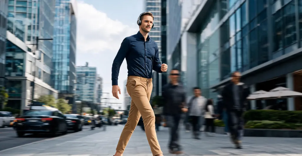 Professional man walking through a modern city wearing an open-ear wireless headset, smart casual attire