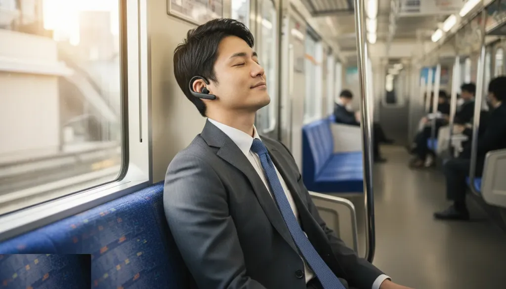 電車内でリラックスしながらオープンイヤーイヤホンを使う様子