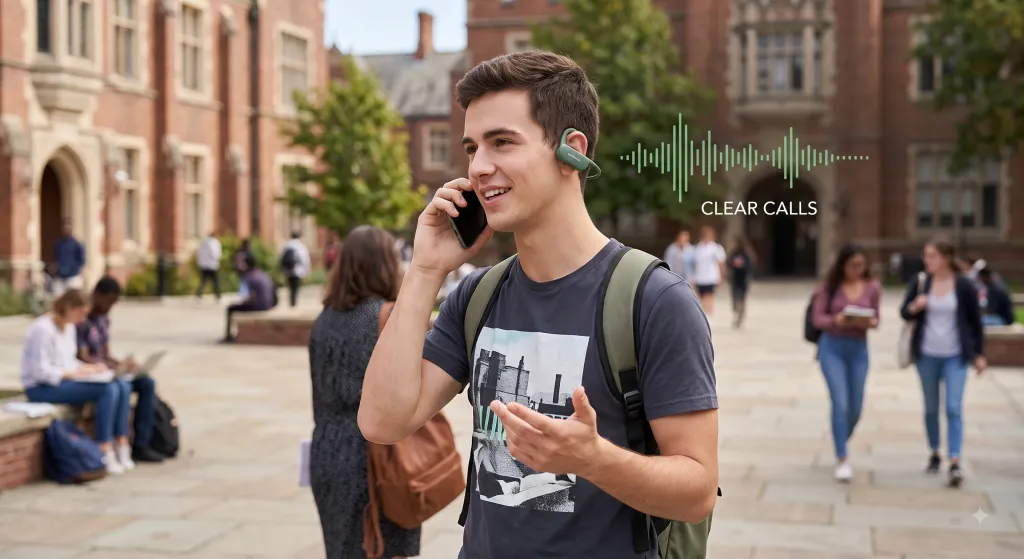 Student on campus walkway talks using green OpenRock Air. Simple green graphic indicates 'CLEAR CALLS' with college buildings blurred behind.