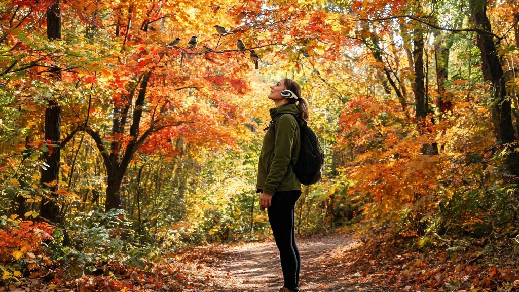 Hiker on a forest trail wearing open-ear headphones, alert to the sounds of nature