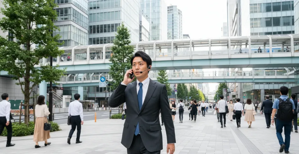 オフィス街を歩きながらヘッドセットで通話するビジネスマン——オープンイヤー型を装着し、周囲の音も聞こえる様子