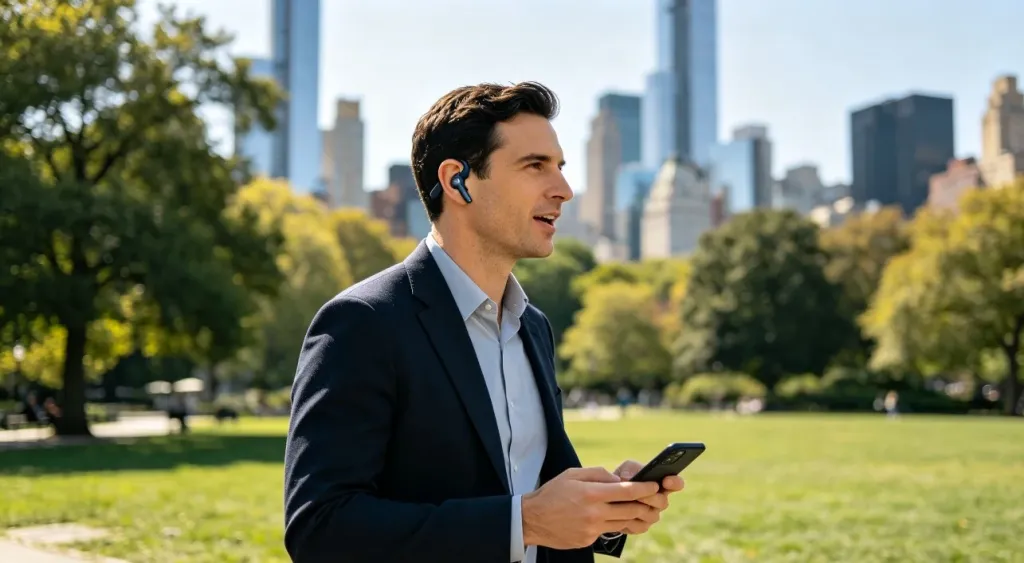 A man walking through a city park while speaking into his phone with an open-ear headphone