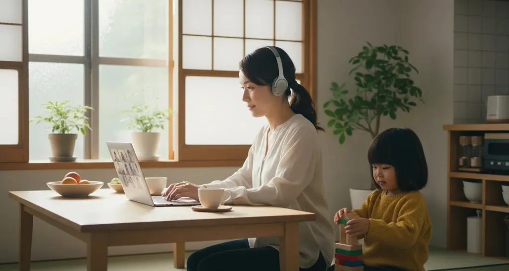 子供が近くで遊ぶ中、テーブルでノートパソコンに向かう母親。オープンイヤーヘッドセットを装着し、ビデオ会議に参加しながらも子供の様子に気が配れている。温かい日本の家庭の雰囲気。