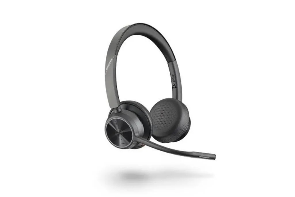 Poly Voyager 4320 UC dual-ear stereo wireless Bluetooth headset with a flexible boom mic.