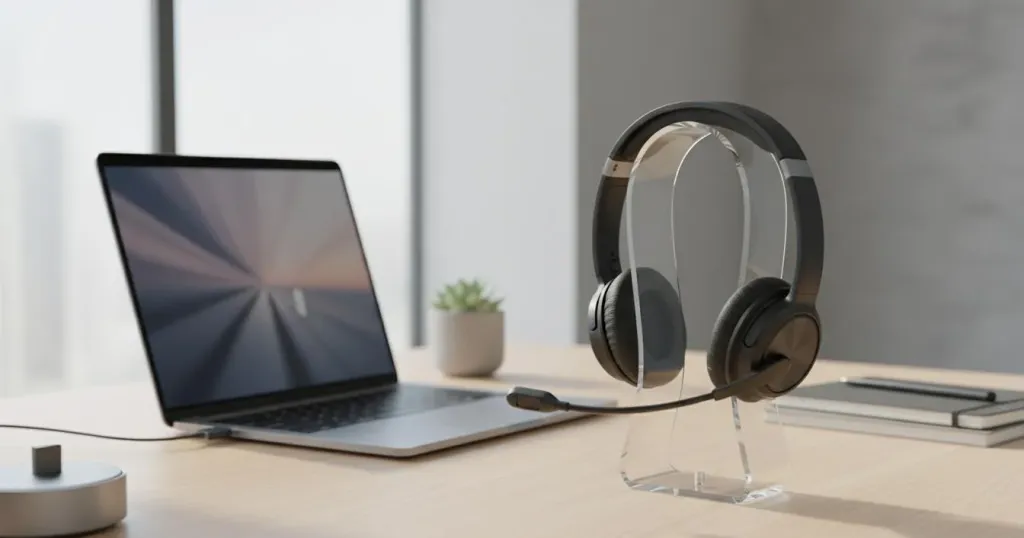 Professional wireless headset with boom microphone on a modern desk next to a laptop and USB dongle