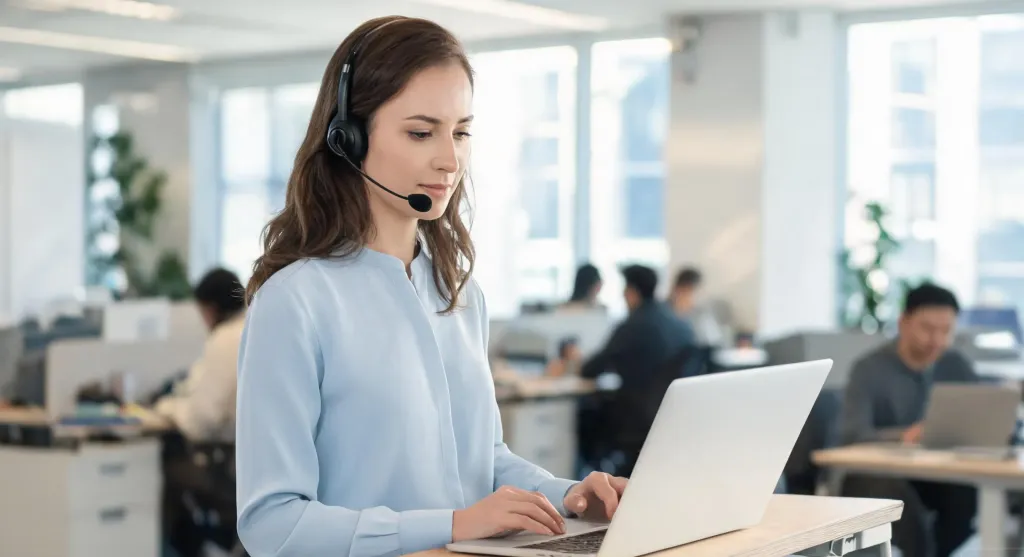 Professional woman working at a standing desk in a bright modern office wearing a wireless headset