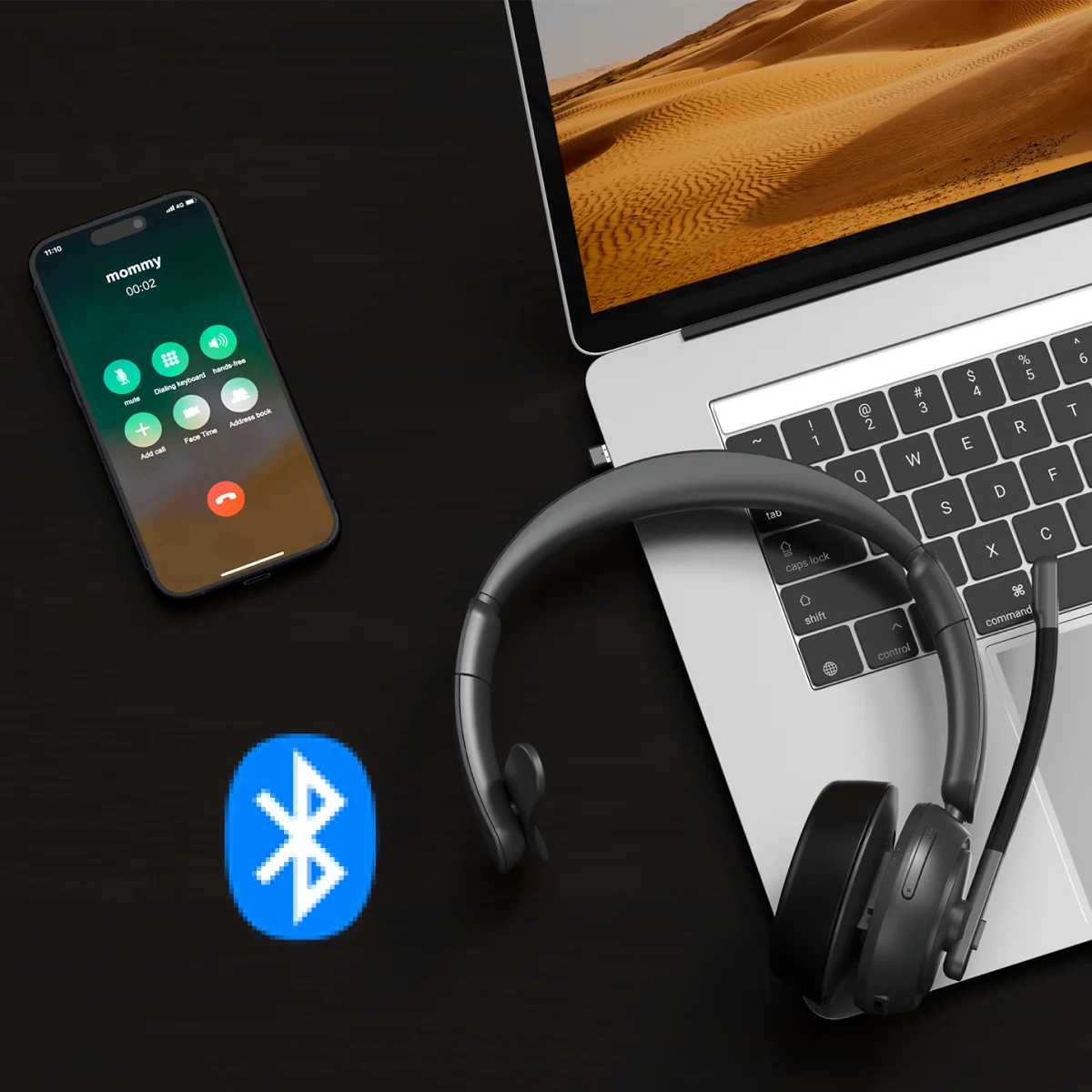 Remote worker using single ear Bluetooth headset with mic