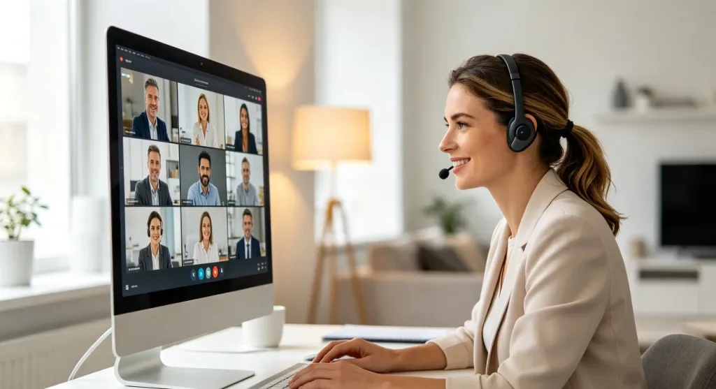 Confident businesswoman on a video call in a bright modern home office, wearing a sleek headset and looking at a large monitor