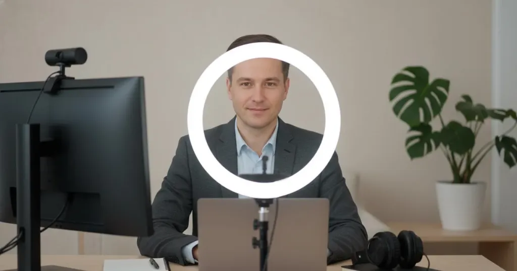 Professioneller Video-Call-Setup mit guter Beleuchtung und Kamera-Positionierung