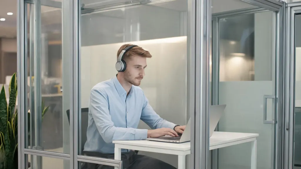 Employee working calmly inside a modern office focus pod with acoustic panels and glass walls
