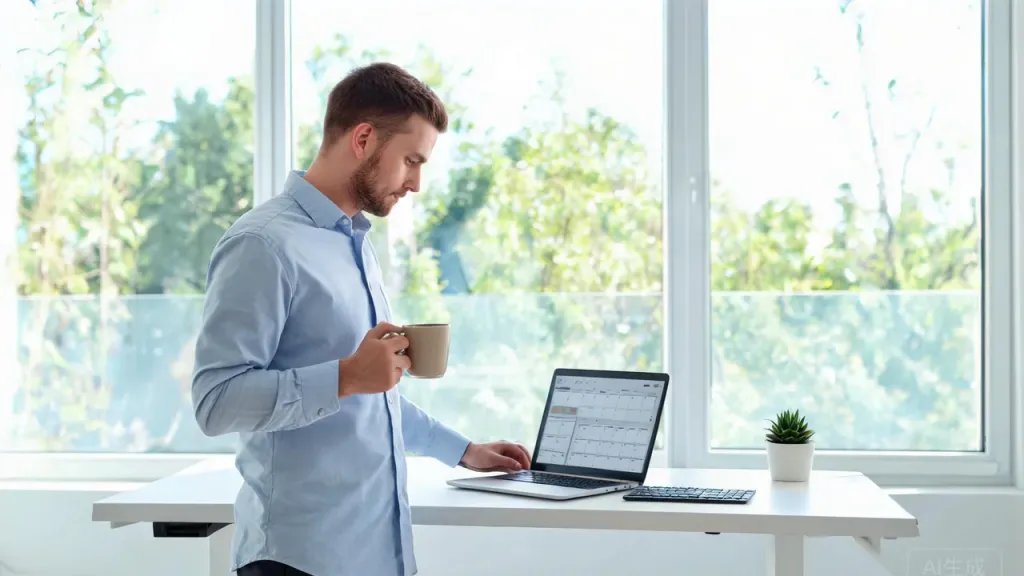 Remote travel consultant in a bright, modern home office with large windows, greenery visible outside, speaking into a professional headset while reviewing a laptop itinerary
