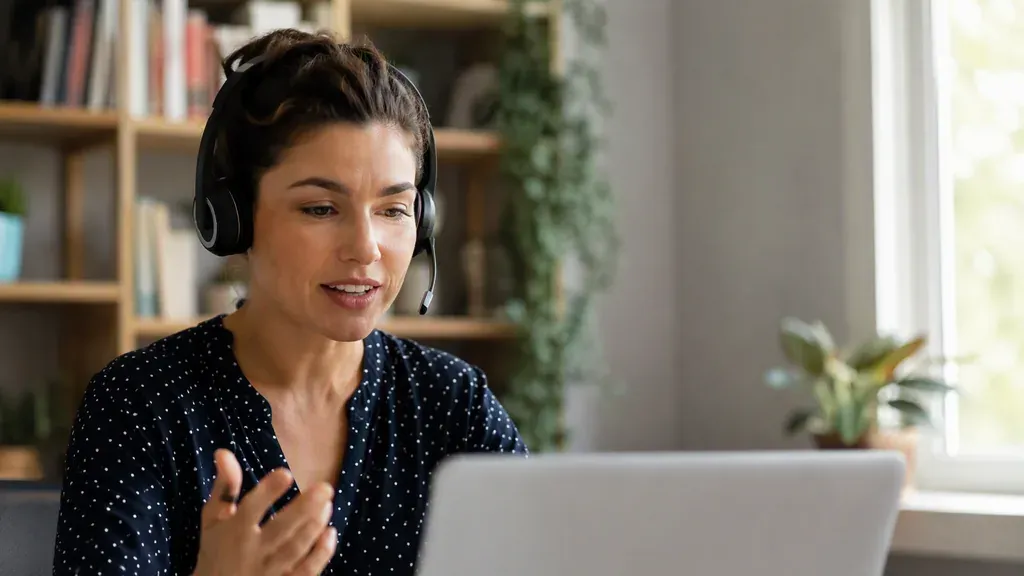 A woman on a video call at a home office wearing a wireless headset