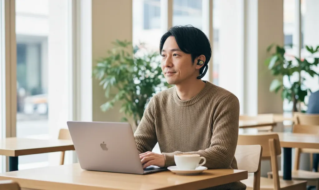 カフェでリモートワーク中にオープンイヤーイヤホンを装着する男性