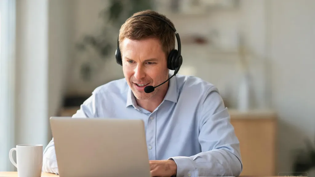 A man in his 40s on a video call from his home office wearing a professional headset