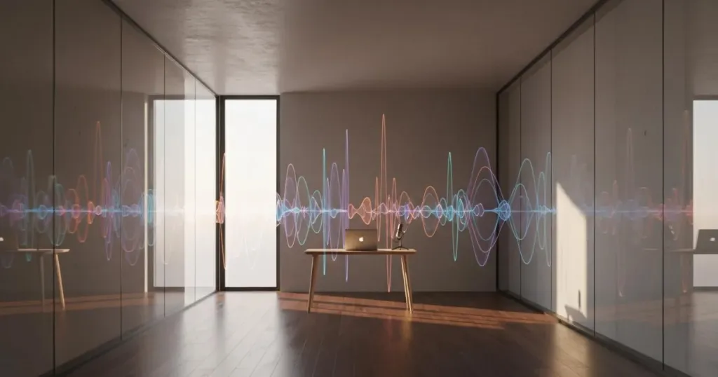 Empty modern office room with visualized sound wave reflections bouncing off glass walls and hard surfaces, illustrating room echo problems for voice recording