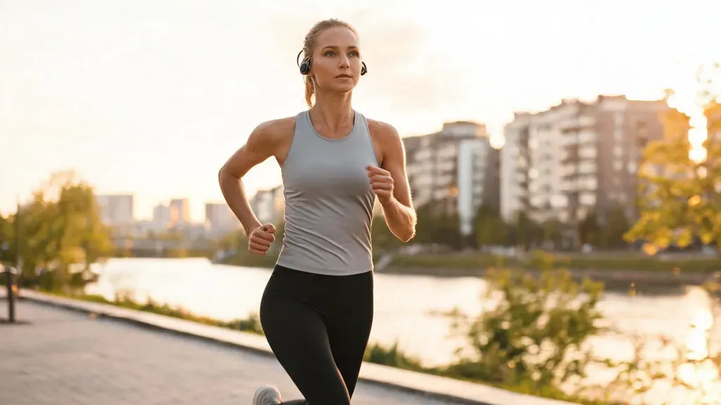 Runner wearing open-ear headphones along a sunny riverside path