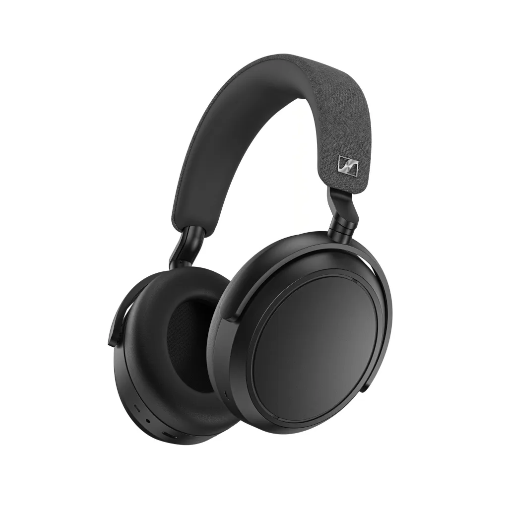 The Sennheiser Momentum over-ear wireless headphones for android shown in profile, featuring the classic black and silver aesthetic.