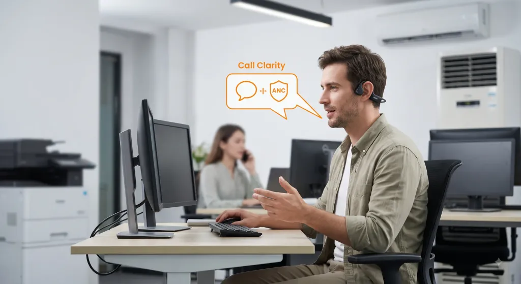 Worker with dual monitors speaks into Shokz OpenDots One. Orange graphic (speech bubble + shield) shows 'Call Clarity' in moderate office noise.