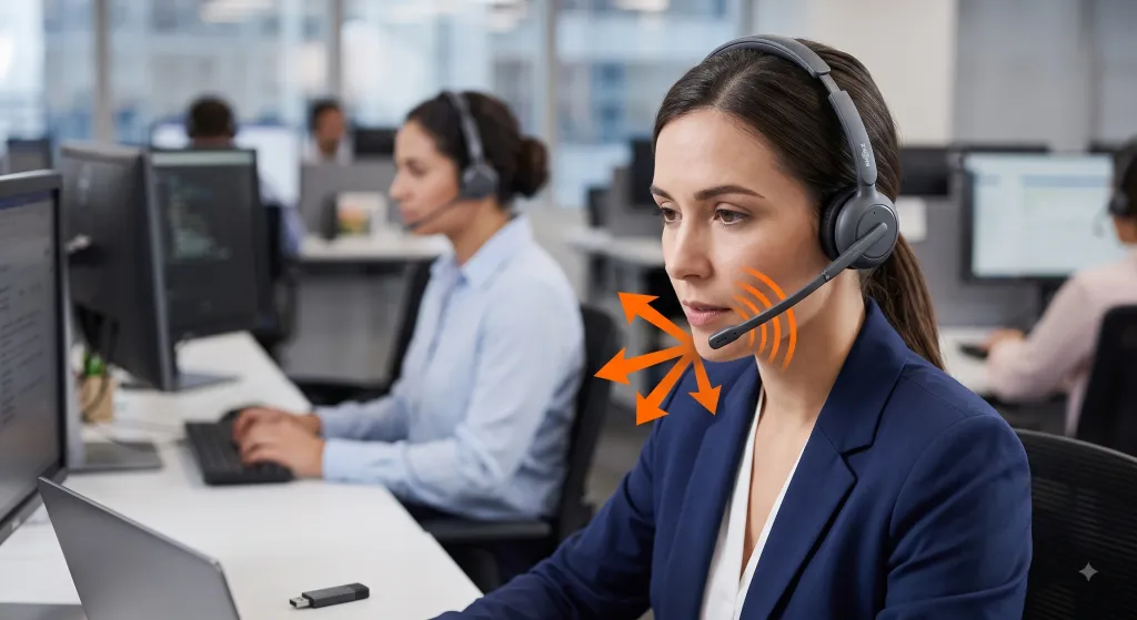 Close-up of female agent in busy open office using Shokz OpenMeet UC. Strong orange graphic isolates voice via long boom microphone.