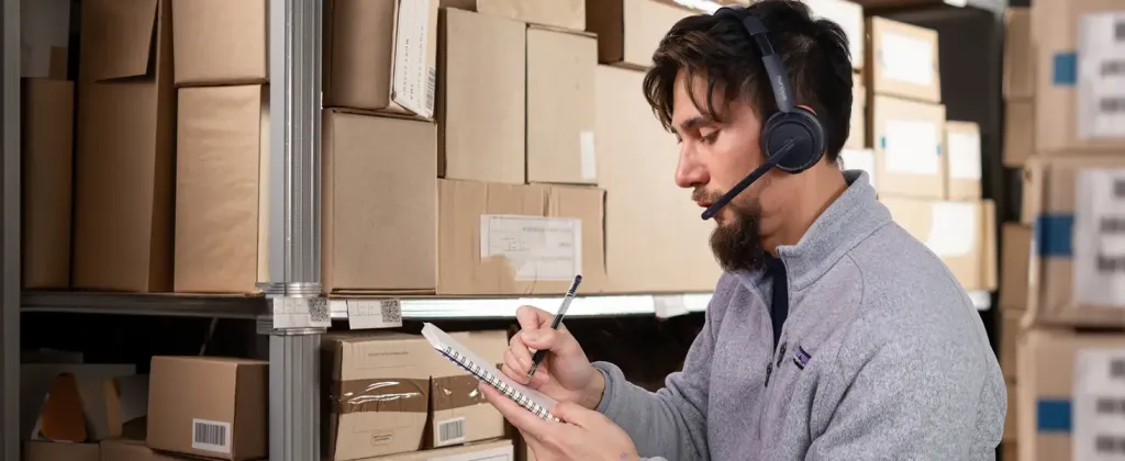 warehouse workers using single-ear Bluetooth headsets in noisy work environments