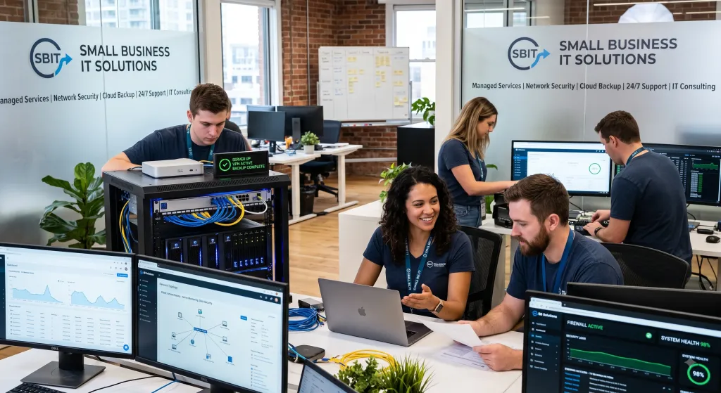 IT support team working in a modern office, configuring network servers and monitoring firewall dashboards for Small Business IT Solutions.