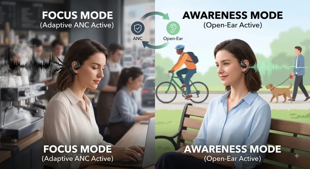 Vertical split of AeroFit 2 Pro: Left (Focus Mode) in cafe absorbs dark chaotic noise; Right (Awareness Mode) in park lets clean green sound in.