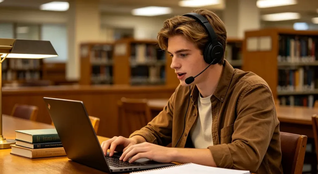 A young man wearing a headset while working on a laptop at a library desk surrounded by books and notebooks