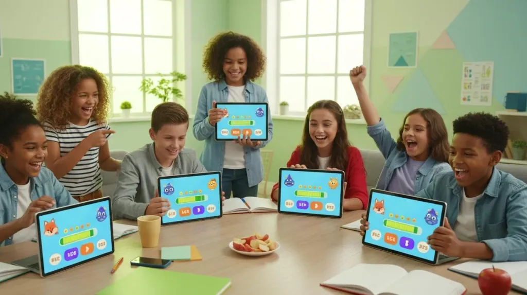 Diverse group of excited students holding tablets displaying colorful gamified quiz using online teaching tool interfaces in a bright modern classroom