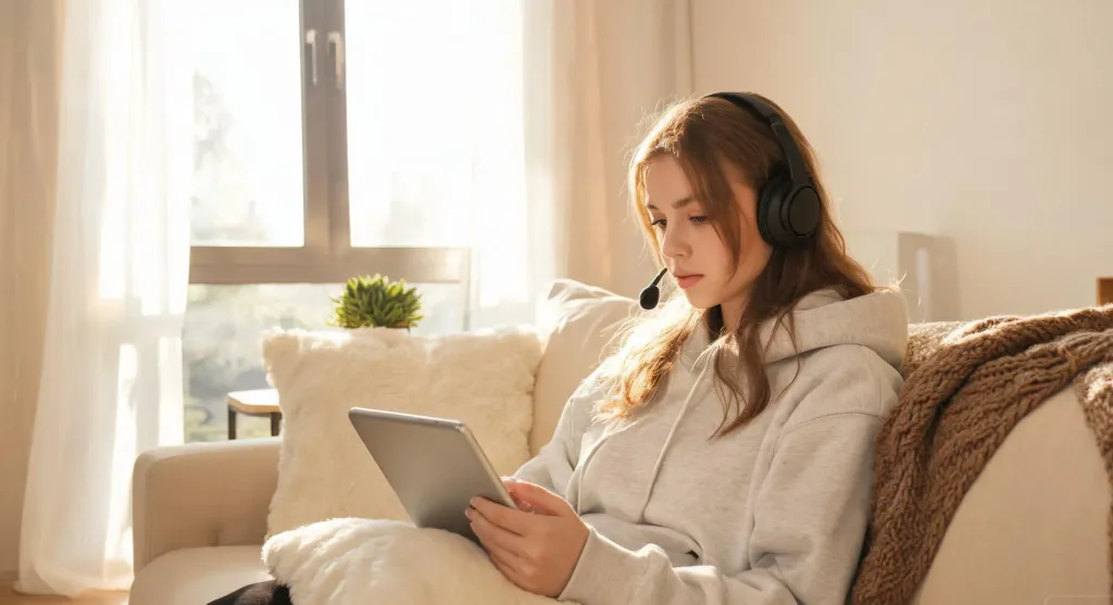 Young woman wearing a wireless headset while participating in an online class from a cozy couch with tablet